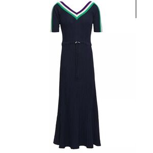 Sandro Paris V Neck Ribbed‎ Knit Navy Blue Midi Dress Classic Minimalist Size 2
